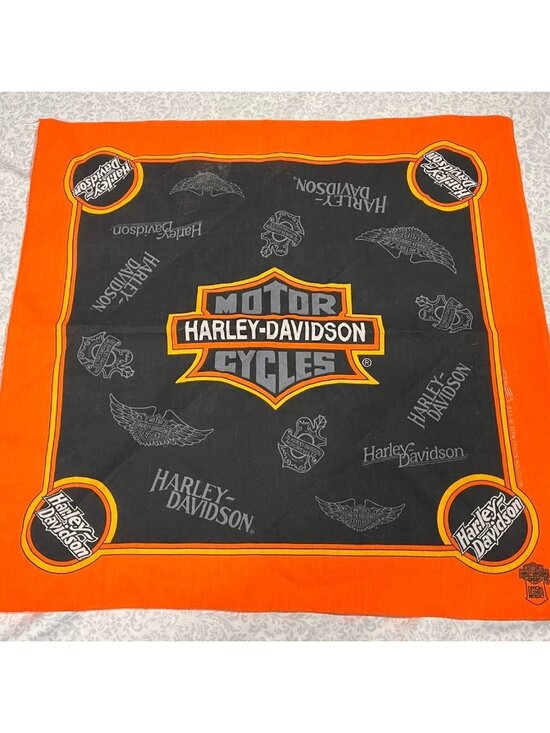 Harley-Davidson Other - Vtg Harley Davidson Bandana 50/50 Made In USA Orange Black Emblems Official